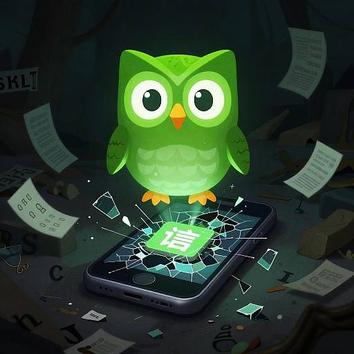 Digital illustration of a glowing green cartoon owl with large eyes, standing on a cracked smartphone displaying a broken Japanese yen symbol, surrounded by scattered papers and dark