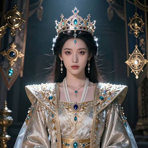 Digital illustration of an East Asian queen in a glittering silver gown adorned with blue jewels, wearing a detailed gold crown, with a dark, ornate