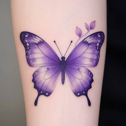 A realistic, purple butterfly tattoo with black accents and two small leaves on a light-skinned arm, photographed with a bright flash.