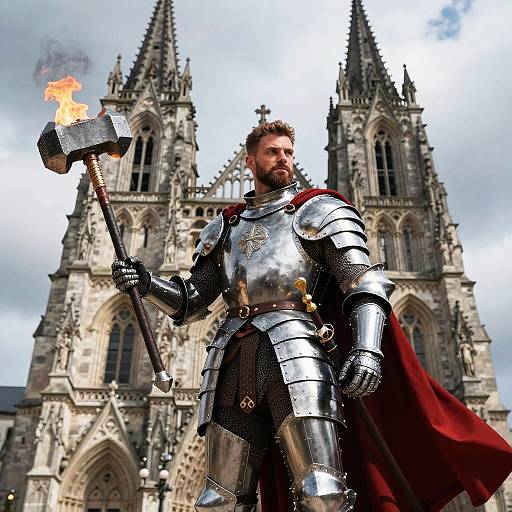 Knight in shiny silver armor with red cape, holding flaming hammer, stands before towering Gothic cathedral; dramatic, fantasy-style photograph.