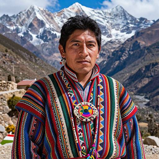 Photograph of a middle-aged Asian man with dark hair, wearing colorful, patterned traditional attire, standing in front of a snowy mountain landscape.