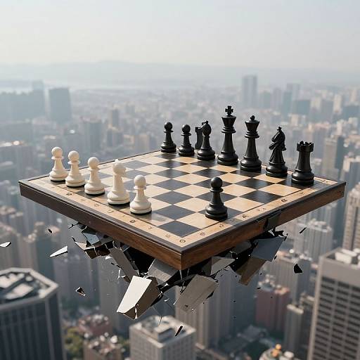 Surreal Chessboard on Crumbling Skyscraper
