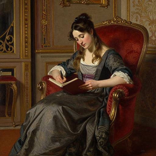 Neoclassical painting of a young woman with brown hair, wearing a dark blue dress, reading a book in an ornate, gold-framed