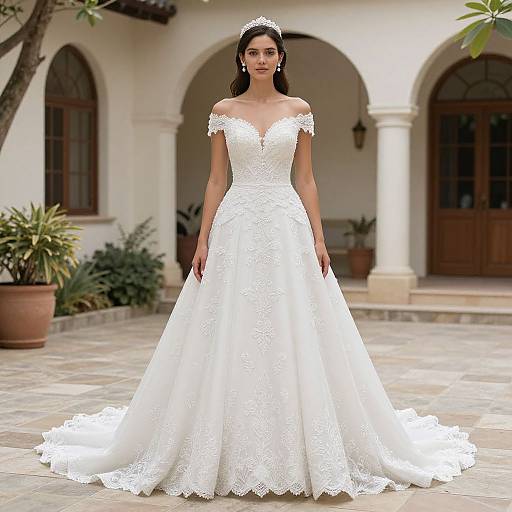 Photograph of a beautiful Latina bride in an off-shoulder, lace white wedding gown with a long, flared skirt, standing on a stone