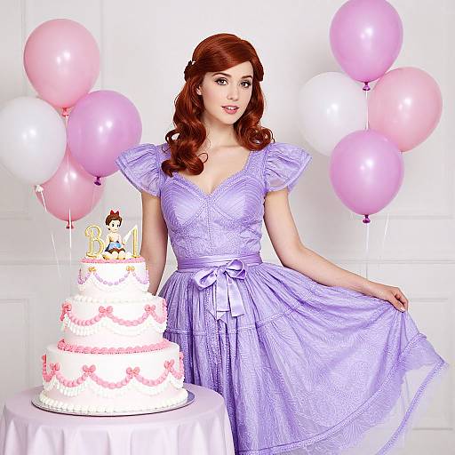 Photograph of a red-haired woman in a lavender lace dress, holding her skirt, standing beside a white cake with pink flowers and a 