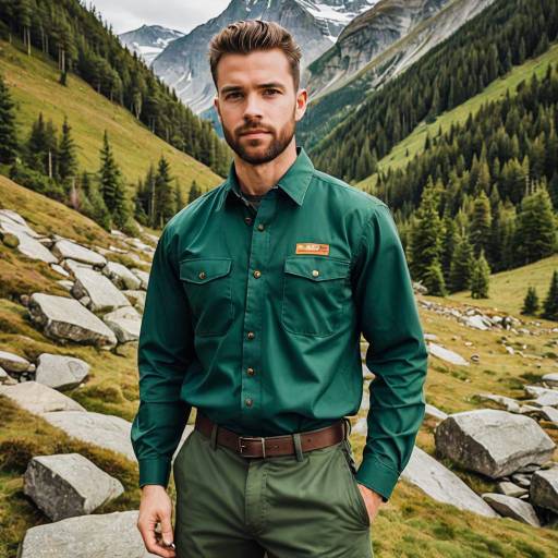 Athletic Man in Green Workwear at Mountain Valley