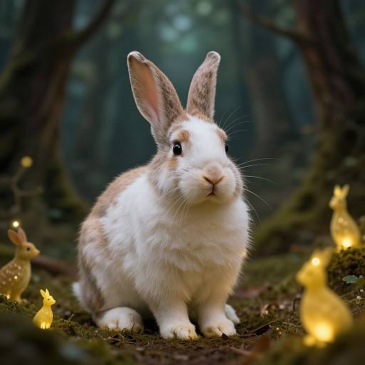 Photograph of a white and brown rabbit with tall ears, surrounded by glowing fairy lights in a dark, forested setting.