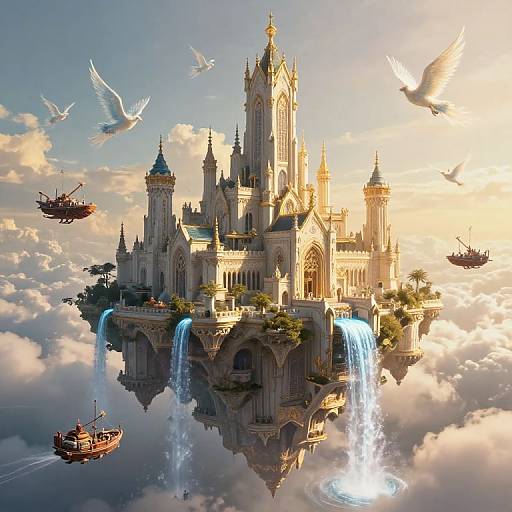 Fantasy digital artwork of a majestic, floating Gothic castle with waterfalls, surrounded by birds, ships, and clouds at sunset.