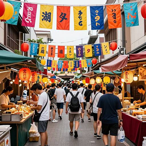 Vibrant street market photograph showing crowded alley with colorful Japanese flags, lanterns, and vendors selling food; people wearing casual summer clothes.