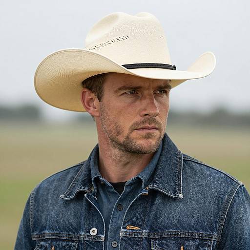 Serious Man in Cowboy Hat and Denim Jacket