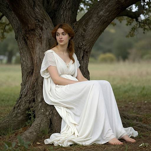 Photograph of a fair-skinned woman with brown hair, wearing a white, Grecian-style dress, sitting against a large tree in a grass