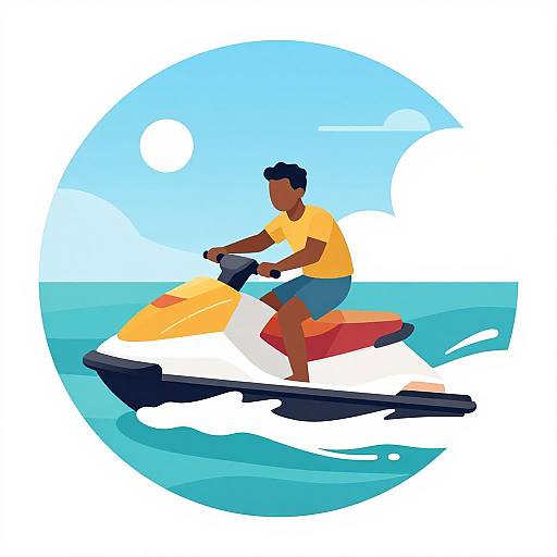 Digital illustration of a dark-skinned man in a yellow shirt and blue shorts riding a white and orange jet ski on blue water under a bright blue sky