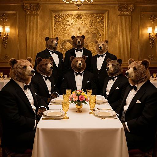 Photograph: Seven anthropomorphic bears in black tuxedos, seated around an ornate, golden-lit dining table with floral centerpiece, white