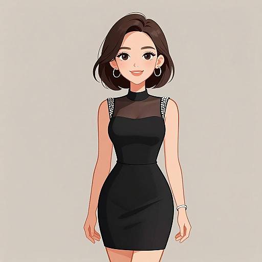 Digital anime-style drawing of a smiling woman with short brown hair, wearing a black sleeveless dress with sheer shoulders, hoop earrings, and a bracelet,