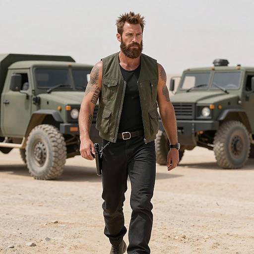 Bearded man with spiked hair, tattoos, green vest, black tank top, and pants walks in front of two military trucks on a sandy road.