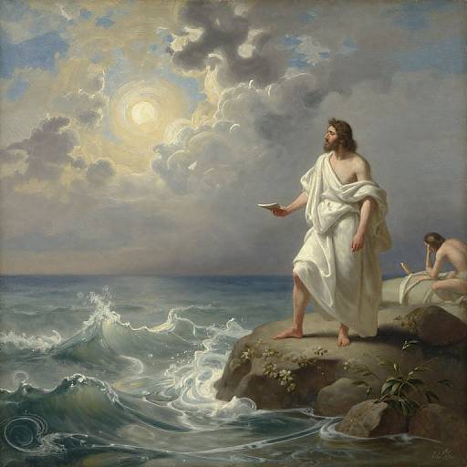 Painting of Jesus in white robe, standing on rocky shore, extending hand towards sunlit waves, with another figure in background.