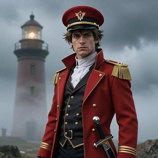 Photograph-style CGI of a serious young man in a red military coat with gold epaulettes, black vest, and white shirt, standing in
