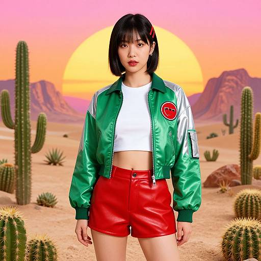Digital art of an Asian woman with short black hair, green jacket, white crop top, red shorts, standing in a desert at sunset.