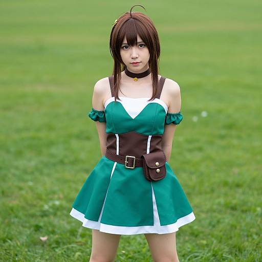 Photograph of a young woman in a green and white anime-style dress with brown belt, black choker, and brown hair, standing in a grass