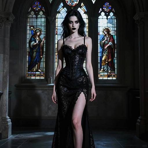 Gothic-style photograph of a pale, dark-haired woman in a black lace dress with thigh-high slit, standing in a dimly lit, stained