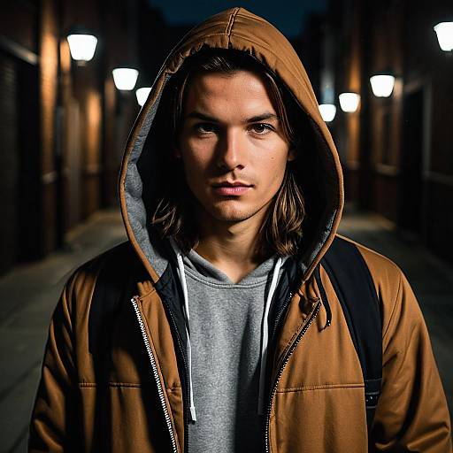 Young Man in Brown Hooded Jacket at Night