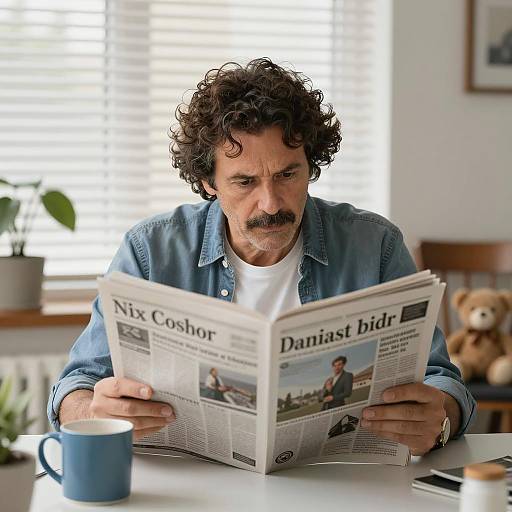 Man reading newspaper at home