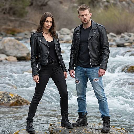 Photograph of a serious-looking couple with long dark hair and short brown hair, wearing black leather jackets and jeans, standing on rocks in a flowing river