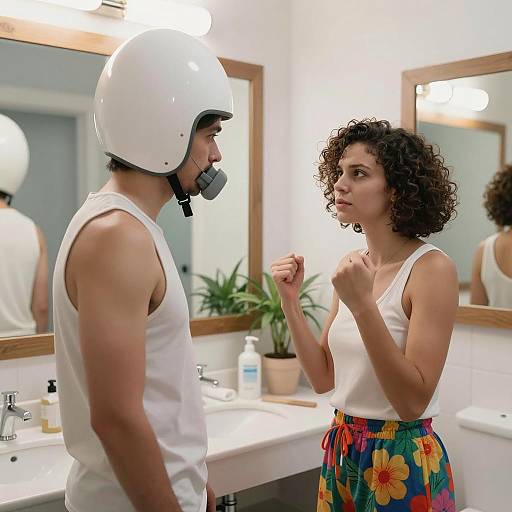 Man with Helmet Facing Woman in Bathroom