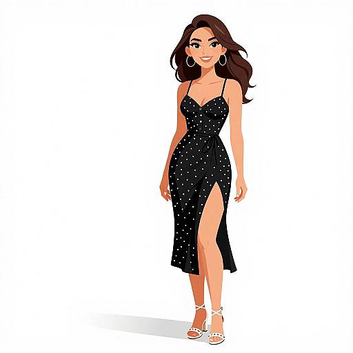 Digital illustration of a smiling woman with long dark hair, wearing a black, sparkling, sleeveless dress with a high slit, white heels, and large