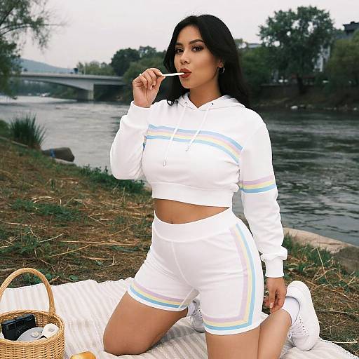 Photograph of a Latina woman with dark hair, wearing a white crop top and shorts, licking a lollipop by a riverside. Basket with blanket