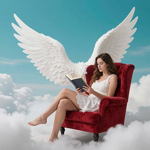 Angel woman with white wings, long brown hair, in white lace dress, reading book on red chair, floating on clouds.