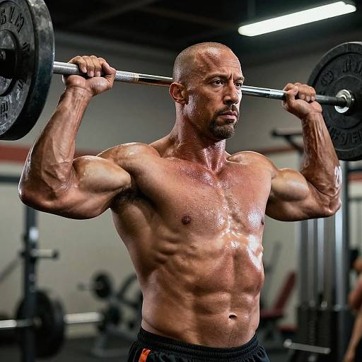 Photograph of a bald, muscular, tan-skinned man with defined abs and veins, lifting a heavy barbell in a gym. Sweat glist