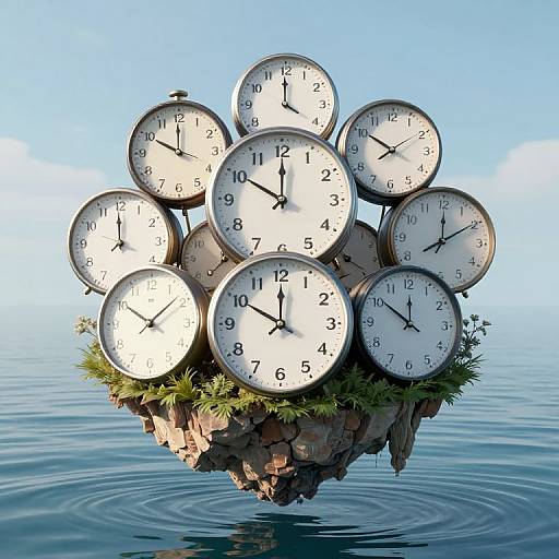 Surreal Floating Island of Clocks