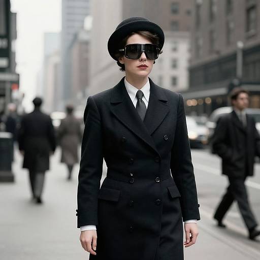 Photograph of a stylish woman in a black double-breasted suit, black tie, white shirt, black beret, and large sunglasses, walking on