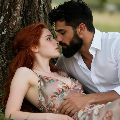 Photograph of a red-haired woman in a floral dress, leaning against a tree, being intimately gazed at by a bearded man in a white