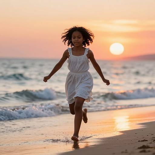 Joyful Girl Running at Sunset Shoreline
