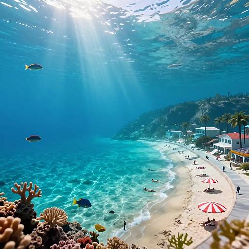 Photograph of a vibrant tropical beach under water; sunlight beams through, illuminating blue ocean, colorful corals, fish, and palm-lined shore.