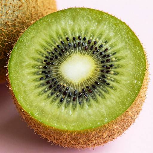 Close-up photograph of a green kiwi fruit slice, showcasing its vibrant interior with a bright white center, surrounded by black seeds and radiating green flesh