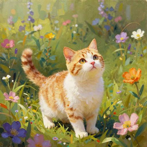 Whimsical Caramel-Spotted Cat in Meadow
