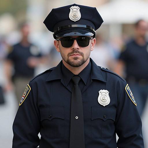 Photograph of a serious male police officer in black uniform, sunglasses, and hat, with a badge, standing in a blurred outdoor urban setting.