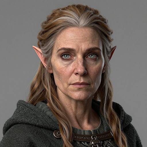 CGI portrait of an elven woman with long, braided brown hair, pointed ears, blue eyes, and a serious expression, wearing a dark