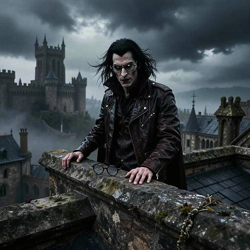 Photograph of a dark-haired, pale-skinned man in a leather jacket and glasses, leaning on a mossy rooftop under a stormy sky,