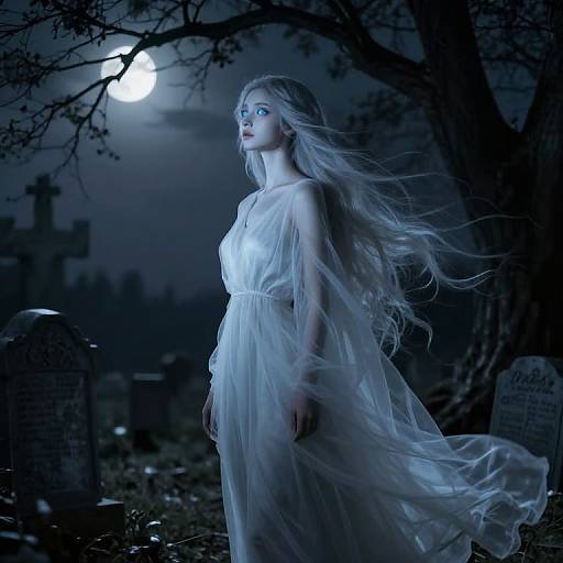 Photograph of a pale, ethereal woman with long, flowing white hair in a sheer white dress, standing in a moonlit graveyard under a full