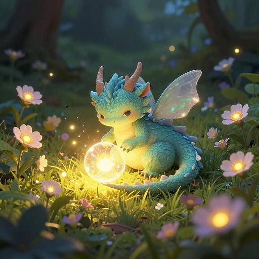 Whimsical Dragon on Luminous Flowers