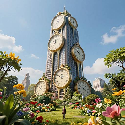 Photograph of a futuristic, clock-tower skyscraper with nine large clocks, surrounded by vibrant flower garden, under a bright blue sky.