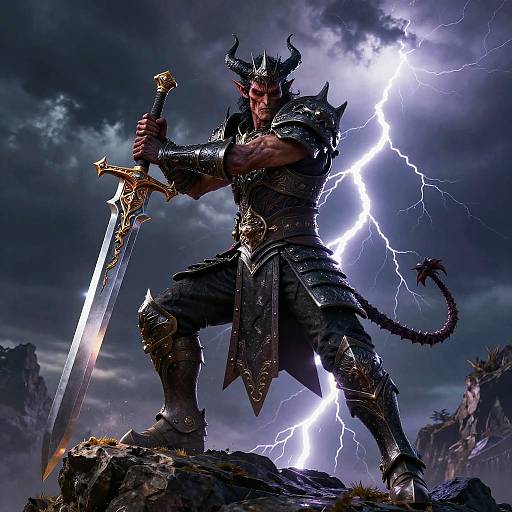 Digital art of a muscular, horned demon warrior with glowing armor, wielding a sword, standing on a rock amid a lightning-filled, dark stormy