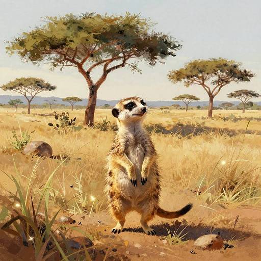Photograph of a meerkat standing upright in a sunlit savanna, surrounded by tall grass, scattered rocks, and acacia trees.