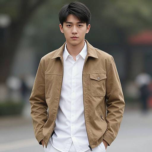 Photograph of an Asian young man with black hair, wearing a tan jacket over a white shirt, standing confidently outdoors.