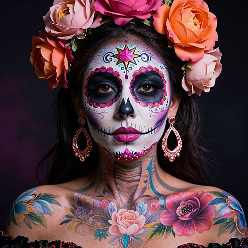 Photograph of a woman in Day of the Dead makeup, adorned with colorful floral headpiece and earrings, showcasing vibrant tattoos, black background.