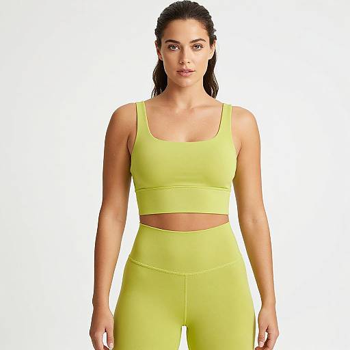 Photograph of a fit, fair-skinned woman with dark hair in a ponytail, wearing a bright yellow sports bra and high-waisted leggings